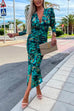 Priyavil Deep V Neck Long Sleeve Ruched Slit Printed Bodycon Dress