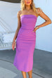 Strapless Off Shoulder Back Slit Bodycon Midi Dress