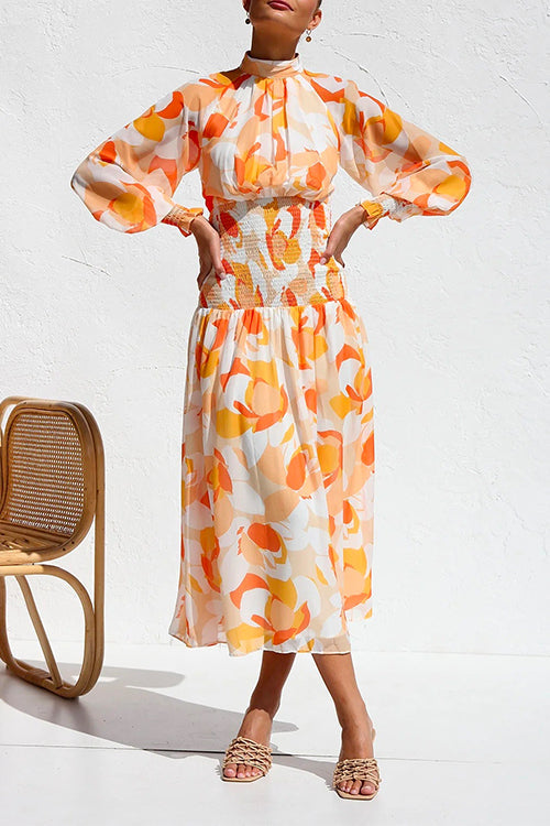 Priyavil Mockneck Smocked Waist Printed Midi Swing Dress
