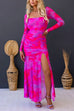 Backless Lace Up Long Sleeves High Slit Printed Mermaid Maxi Dress