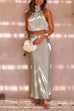 Priyavil Turtleneck Sleeveless Crop Top High Waist Maxi Skirt Satin Set