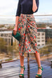 Ruched Front Slit Floral Print Midi Skirt