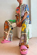 Priyavil Rolled Up Short Sleeves Shirt Wide Leg Pants Graffiti Printed Set