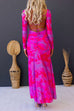 Backless Lace Up Long Sleeves High Slit Printed Mermaid Maxi Dress