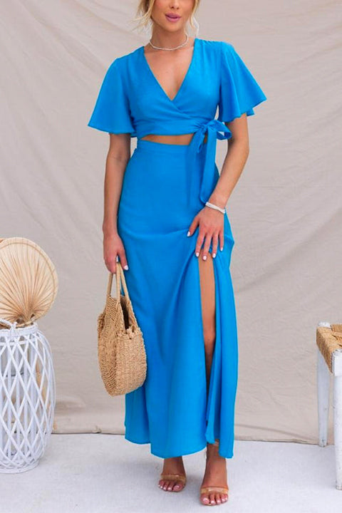Flare Sleeves Wrapped Crop Top High Slit Maxi Skirt Set