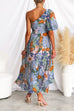 One Shoulder Waisted Floral Printed Maxi Flowy Dress