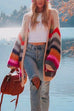 Priyavil Open Front Chunky Knit Rainbow Stripes Sweater Cardigan