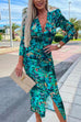 Priyavil Deep V Neck Long Sleeve Ruched Slit Printed Bodycon Dress