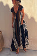 Priyavil V Neck Short Sleeve Color Block Printed  Maxi Swing Dress