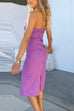 Strapless Off Shoulder Back Slit Bodycon Midi Dress