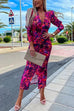 Priyavil Deep V Neck Long Sleeve Ruched Slit Printed Bodycon Dress