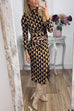 Mockneck Ruched Slit Geo Print Midi Dress