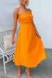 Bow Knot Back Tube Top Waisted Swing Cotton Linen Midi Dress
