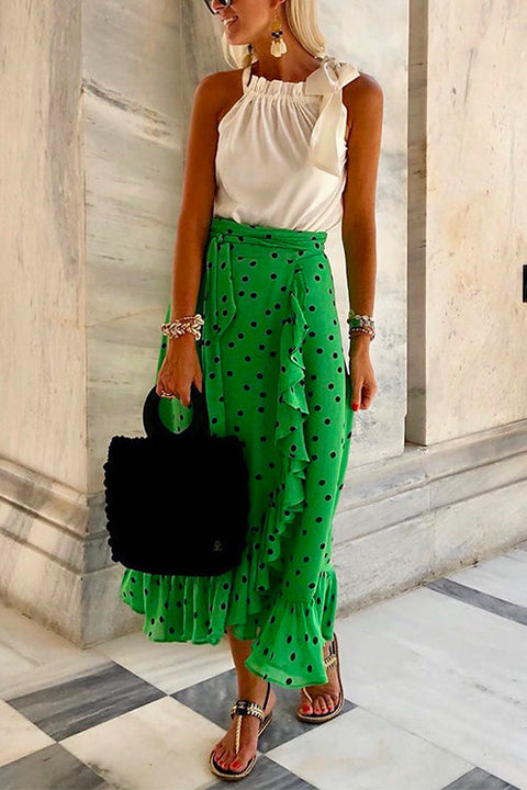 Priyavil Tie Waist Polka Dot Ruffle Maxi Skirt
