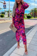 Priyavil Deep V Neck Long Sleeve Ruched Slit Printed Bodycon Dress