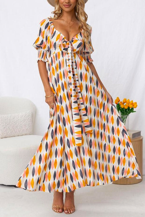 Bow Knot Front Printed Swing Maxi Holiday Dress