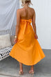 Bow Knot Back Tube Top Waisted Swing Cotton Linen Midi Dress