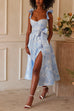 Priyavil Ruffle Straps Bow Knot Waist Baroque Floral Midi Swing Dress