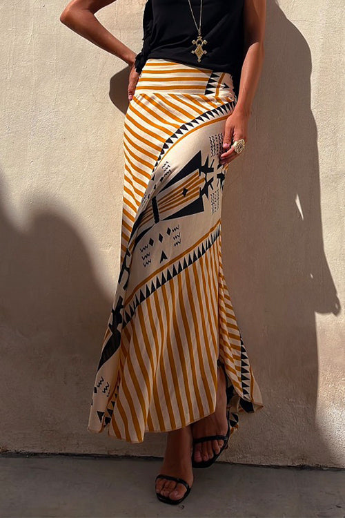 Priyavil High Waist Stripes Splice Printed Maxi Irregular Skirt