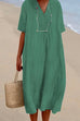 Priyavil V Neck Short Sleeve Baggy Cotton Linen Midi Dress