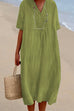 Priyavil V Neck Short Sleeve Baggy Cotton Linen Midi Dress