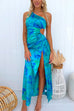 Sleeveless One Shoulder Cut Out High Slit Maxi Floral Dress