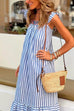 Priyavil Square Collar Tie Back Printed Splice Ruffle Maxi Striped Dress