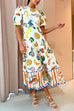 Priyavil Puff Sleeve Food Printed Swing Maxi Vacation Dress