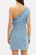 Priyavil One Shoulder Raw Hem Belted Denim Mini Dress