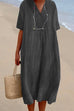 Priyavil V Neck Short Sleeve Baggy Cotton Linen Midi Dress