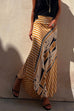 Priyavil High Waist Stripes Splice Printed Maxi Irregular Skirt