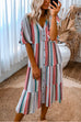 Priyavil V Neck Button Down Tiered Striped Midi Dress