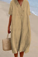Priyavil V Neck Short Sleeve Baggy Cotton Linen Midi Dress
