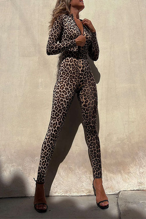 Deep V Neck Long Sleeves Slim Fit Leopard Jumpsuit