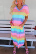 Priyavil Curve Hem Side Split Rainbow Stripes Midi Dress