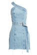 Priyavil One Shoulder Raw Hem Belted Denim Mini Dress