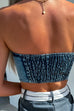 Priyavil Lace Up Strapless Denim Corset Crop Top