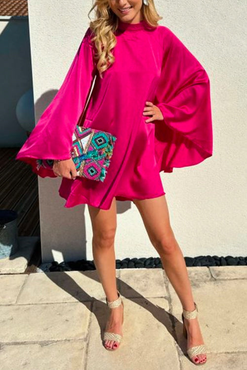 Chic Mockneck Backless Flare Sleeves Flowy Mini Dress