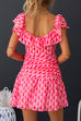 Ruffle Trim Ruched Geometric Printed Mini Dress