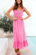 Priyavil Wide Straps Bow Shoulder Smocked Ruffle Maxi Dress