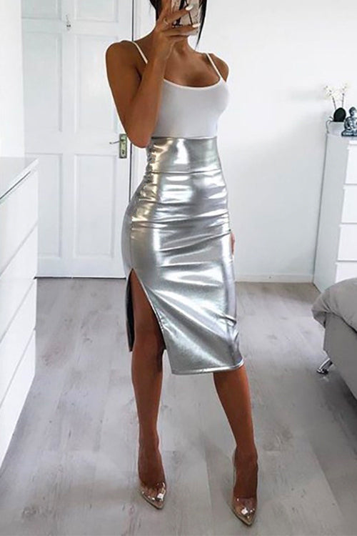 Priyavil High Waist Side Split Faux Leather Midi Skirt