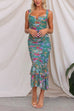 Priyavil Mesh Overlay Ruched Floral Bodycon Midi Cami Dress