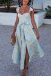 Priyavil Ruffled Shoulder Bow Knot Waist Slit Printed Vintage Party Dress