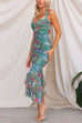 Priyavil Mesh Overlay Ruched Floral Bodycon Midi Cami Dress