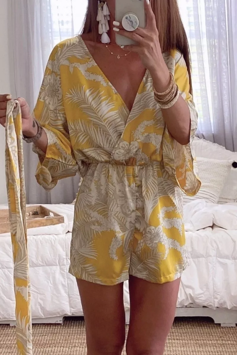 Priyavil V Neck Leaf Print Wrapped Batwing Romper