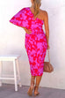 Priyavil One Shoulder Batwing Sleeve Printed Tulip Dress