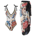 Priyavil Floral Print V Neck Tie Shoulder One-piece Swimwear and Wrap Cover Up Skirt Set
