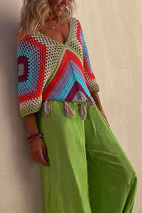 Priyavil V Neck Rainbow Color Block Tassel Hollow Out Crochet Top