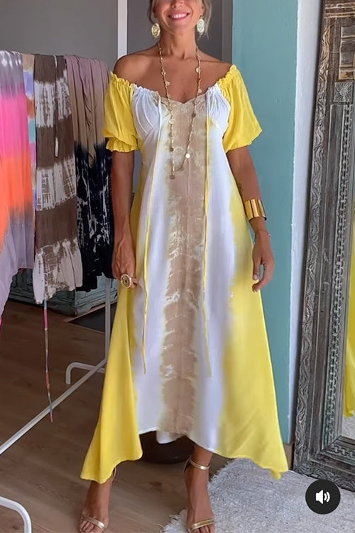 Priyavil Drawstring Off Shoulder Short Sleeve Tie Dye Maxi A-line Dress