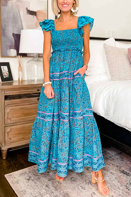 Square Collar Empire Waist Ruffle Tiered Printed Maxi Vacation Dress